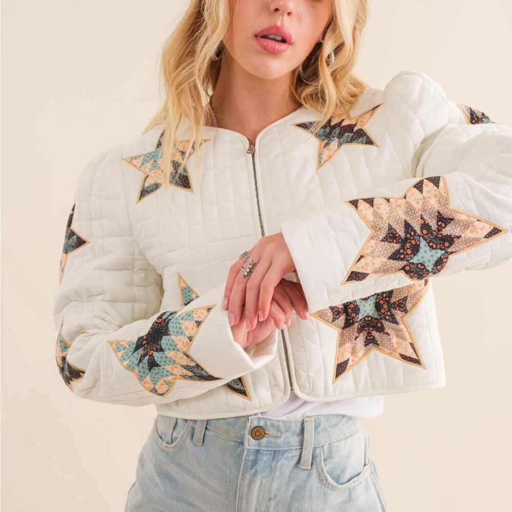 NWT patchwork Quilted Multi Star Embroidered Padded Zip Up Crop Western Jacket - Picture 6 of 7